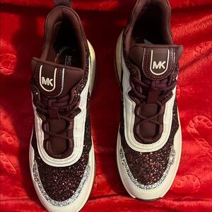 Michael Kors Maroon and Silver Glitter Sneakers